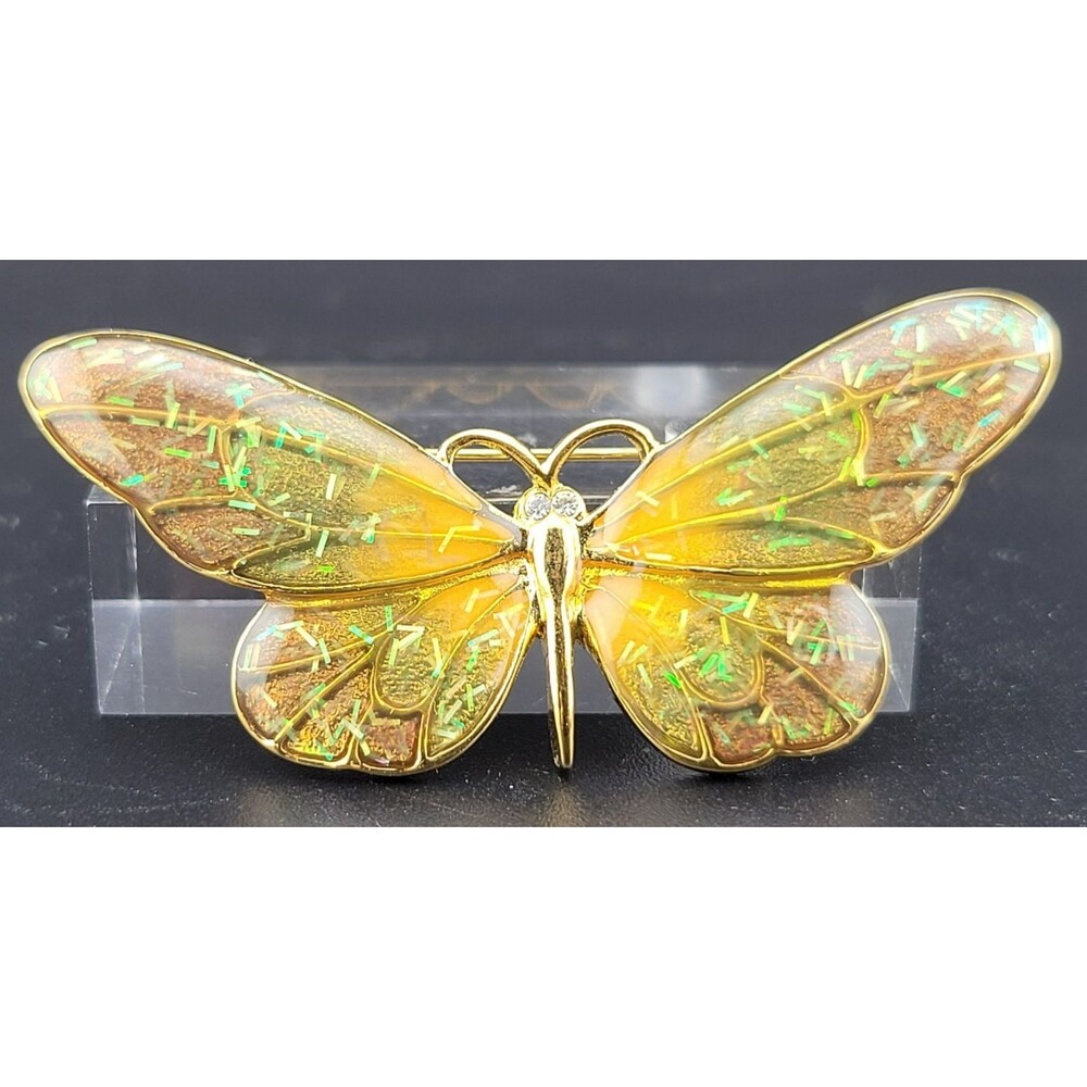 Yellow Enamel Glitter Butterfly 2.5" Brooch Pin Gold Plated